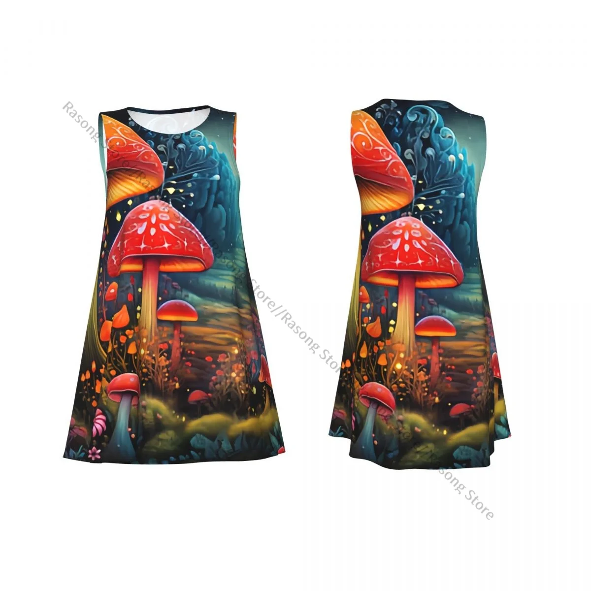 Vestido sin mangas con cuello redondo, paisaje de bosque de fantasía con setas, vestido informal hasta la rodilla para mujer, vestidos largos