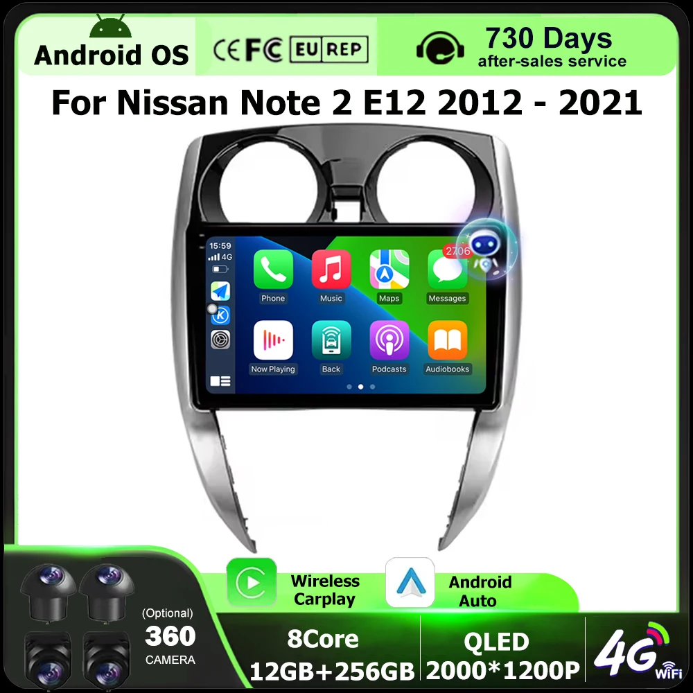 10 Inch For Nissan Note 2 E12 2012 - 2021 Android 16 Auto Car Radio Multimedia Video Player GPS Navigation BT Carplay 360 Camera