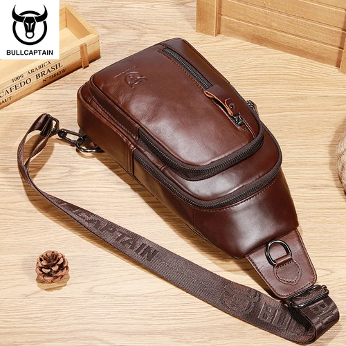 Imagen 2 del producto BULLCAPTAIN bolso de pecho de cuero genuino bolso informal de gran capacidad bandolera de hombro de cuero de primera capa multifuncional