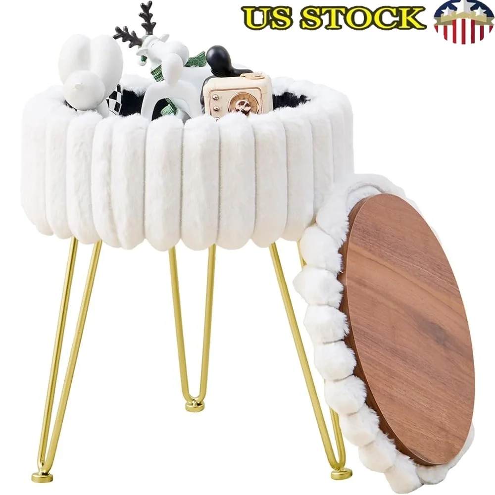 

Round Storage Ottoman Faux Fur Upholstery Sturdy Metal Legs Multi Functional Footstool Extra Seating Small Side Table Modern
