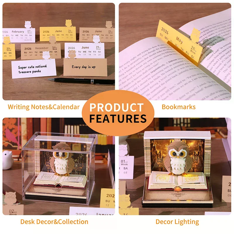 

Time Piece Calendar 2026 Desk Calendar With LED Light 3D Tear-away Calendar Paper Carving Art Memo Pad Notepad Gift Christmas