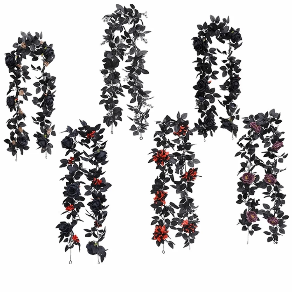 Black Halloween Rose Leaf Vines 175cm Realistic Artificial Rose Vines Handmade Simulated Flowers Halloween Garland