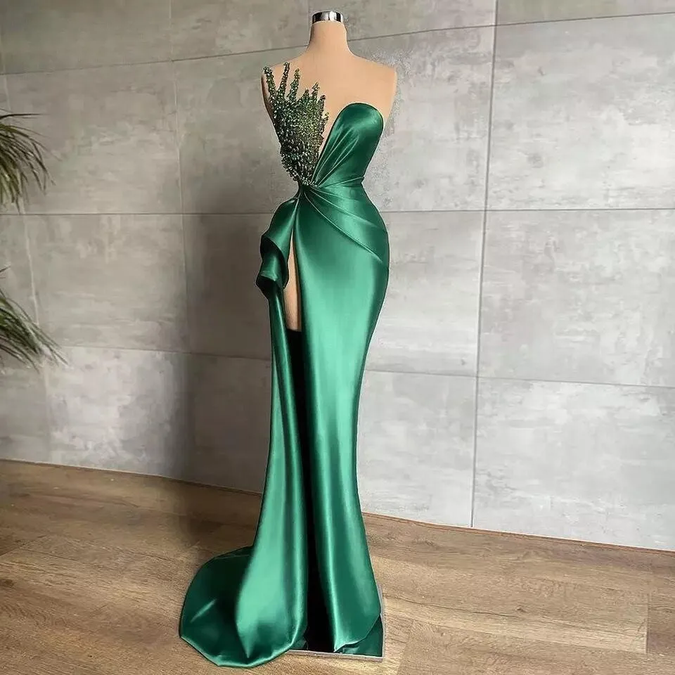 

Green Prom Dresses Mermaid One-shoulder Beaded Slit Prom Gown Saudi Arabia Dubai Black Girls Evening Dresses Robe De Soiree