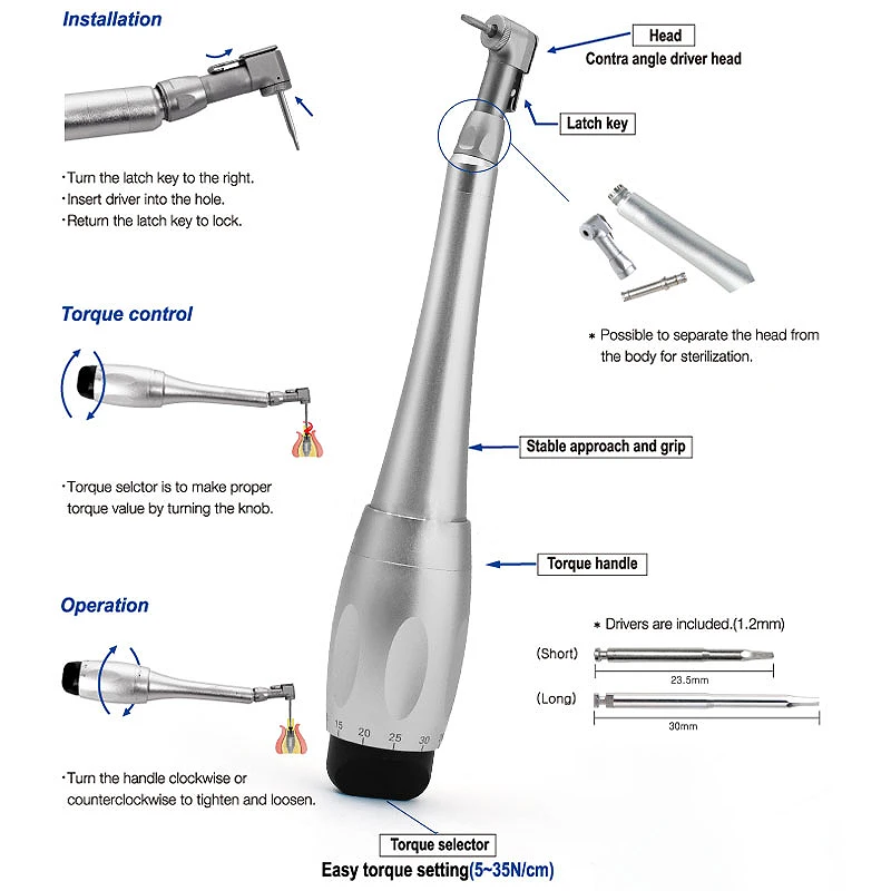 Chave de torque universal para implante dentário, kit de prótese de chave de fenda manual 5-35 ncm, ferramentas de reparo de odontologia para clínica dentária