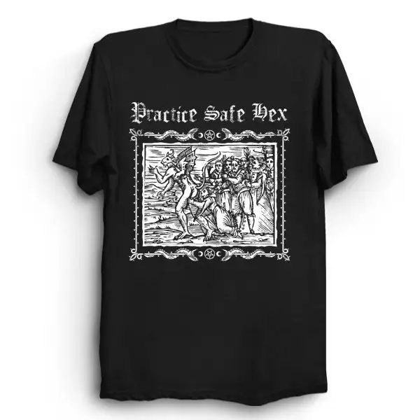 Practice Safe Hex Vintage woodcut T Shirt Occult Goth Witch Slogan