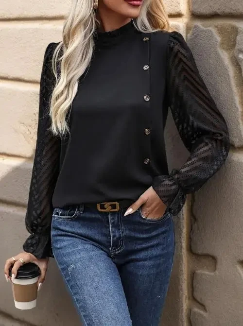 

Women Button Splicing Perspective Long Sleeve Top 2025 New Female Daily Clothing Temperament Women's Pullover Commuting Shirt