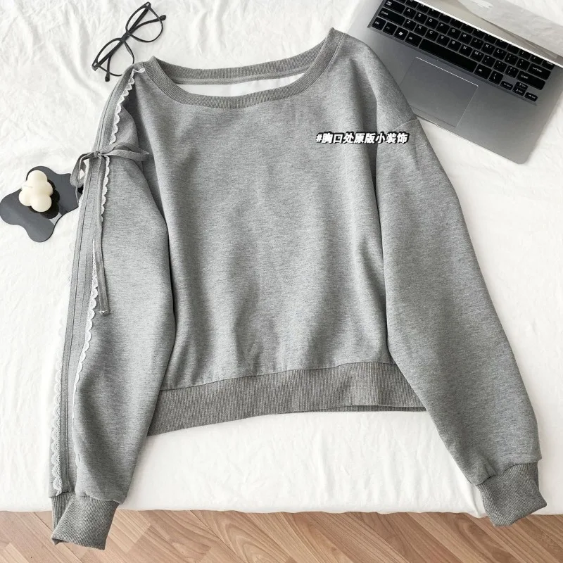 Sweat-shirt à manches longues en dentelle avec nœud et épaules inclinées, haut ample, début d'automne, nouvelle collection