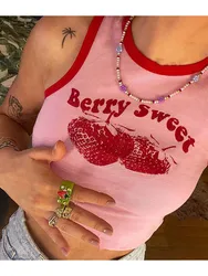 Pink Print Y2k Tank Top Summer Off Shoulder O Neck Sleeveless Fashion 90s Vintage Crop Tops Women Casual Sexy