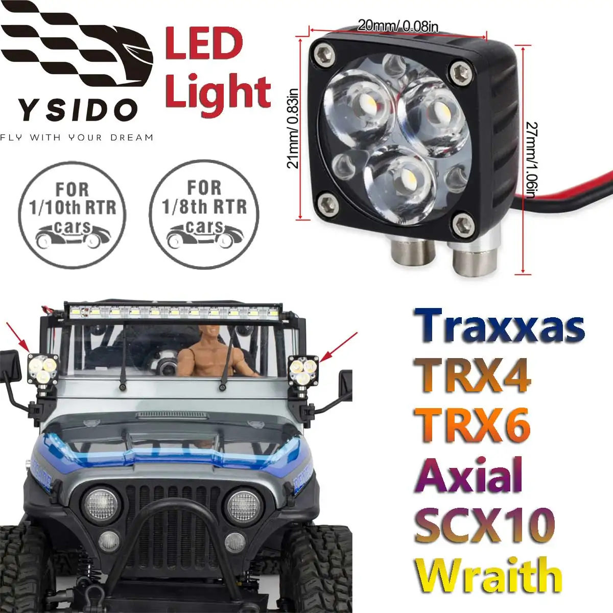 

Super Bright LED Light Bar 21x20mm Headlight Square A-Pillar Lamp for 1/8 1/10 Traxxas TRX4 TRX6 Axial SCX10 RC Crawler Cars DIY