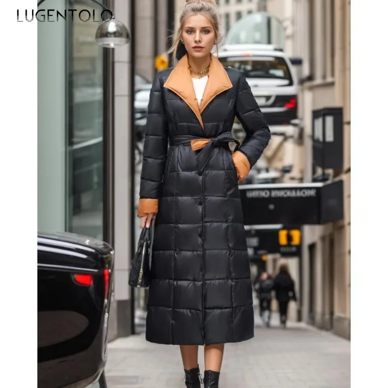 Women Long Parkas 2024 High Quality Elegant Contrasting Lace-up Cinched Waist Coat Thickened Quilted Warm Down Cotton Snow Suit