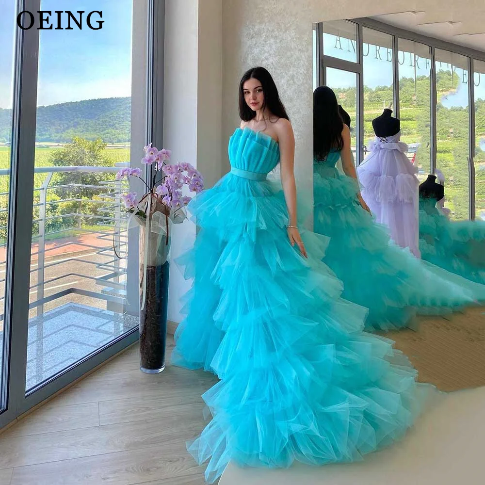 

OEING Simple Blue Strapless Tulle Prom Dresses Princess Lace Up Evening Gowns Pretty Short Front Long Back Party Dress Pastrol