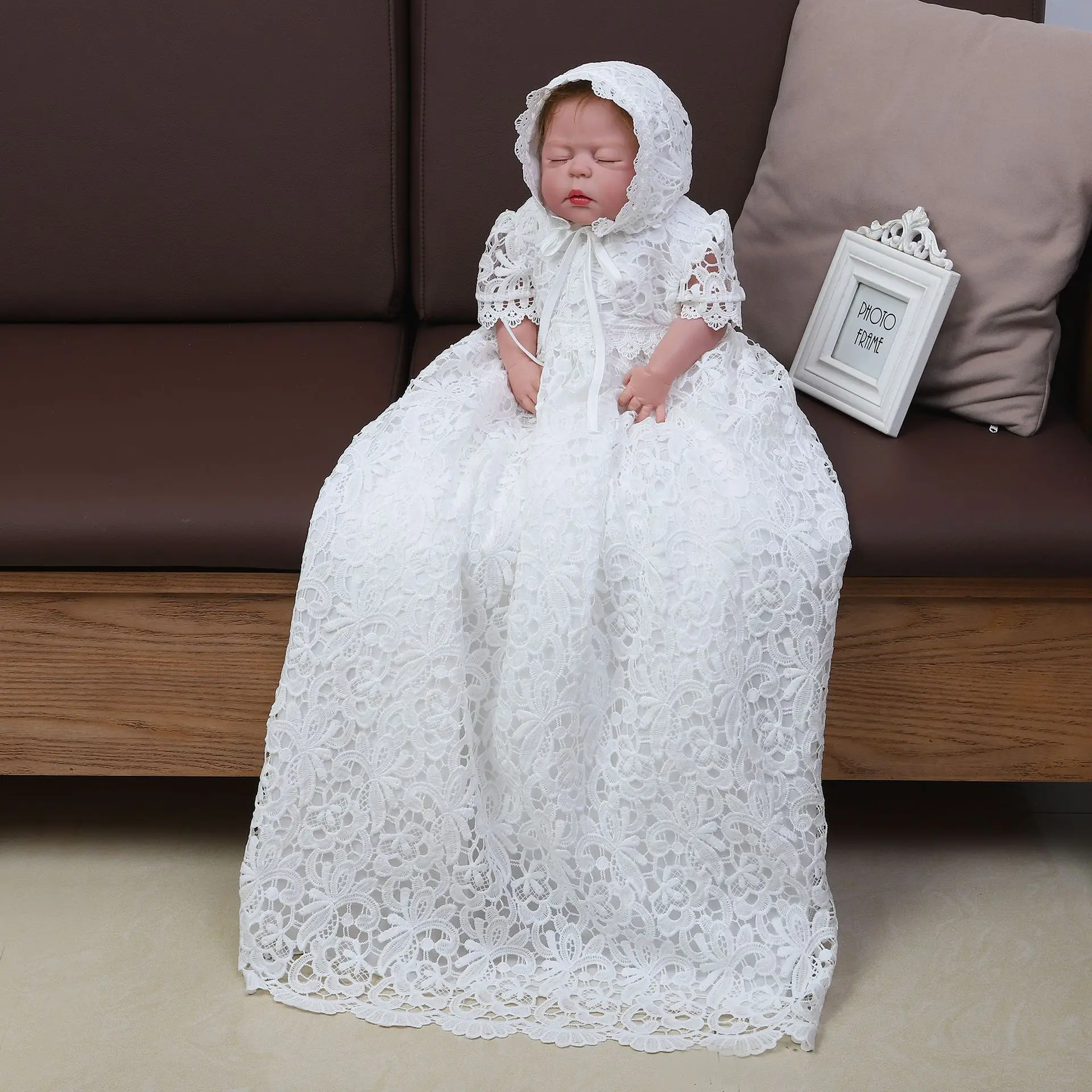 New Baby Girl Long Dresses White Lace Infant Girl Baptism Dress with Hat Kid  Clothing