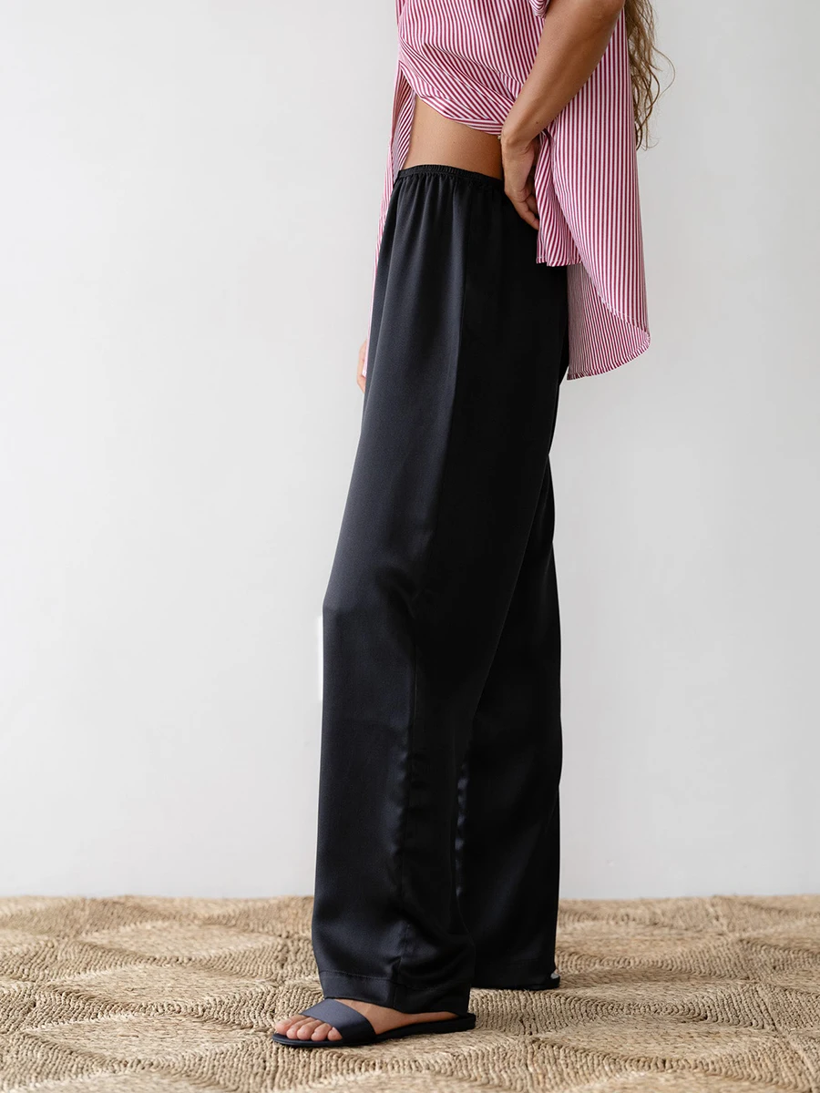 Womens Solid Silk Lounge Pants Elastic Waistband Wide Leg Casual Pull On Trousers