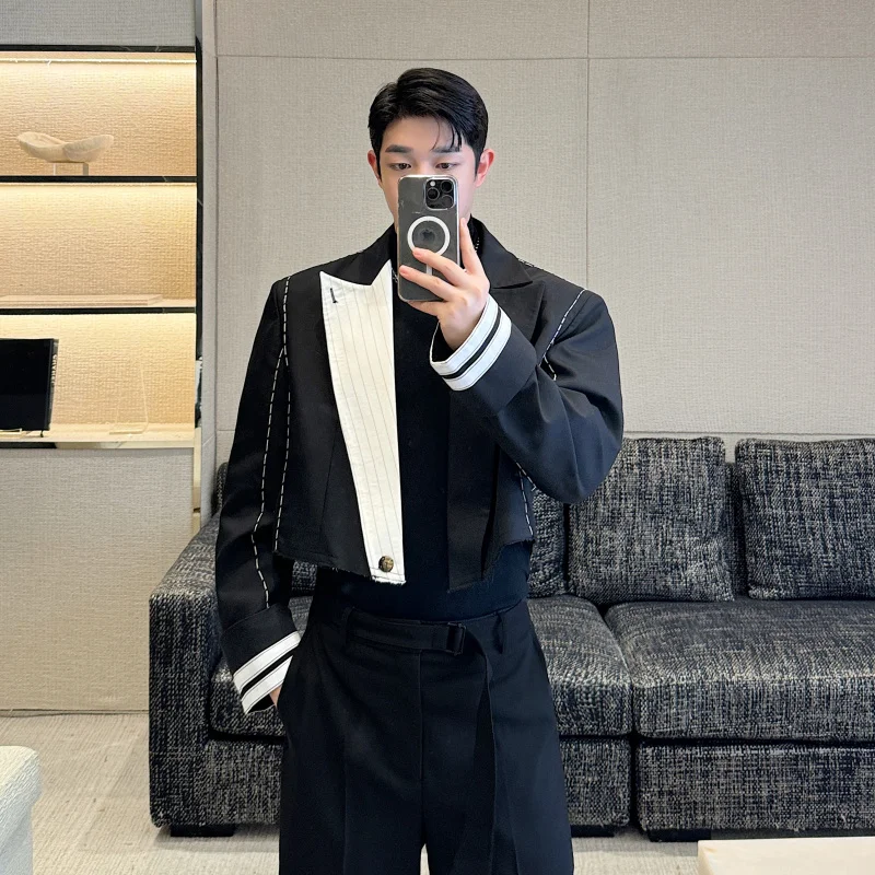 

Премиум-пиджак мужской приталенный с асимметричным цветовым блоком, повседневный, с длинным рукавом, в корейском стиле, высокого качества