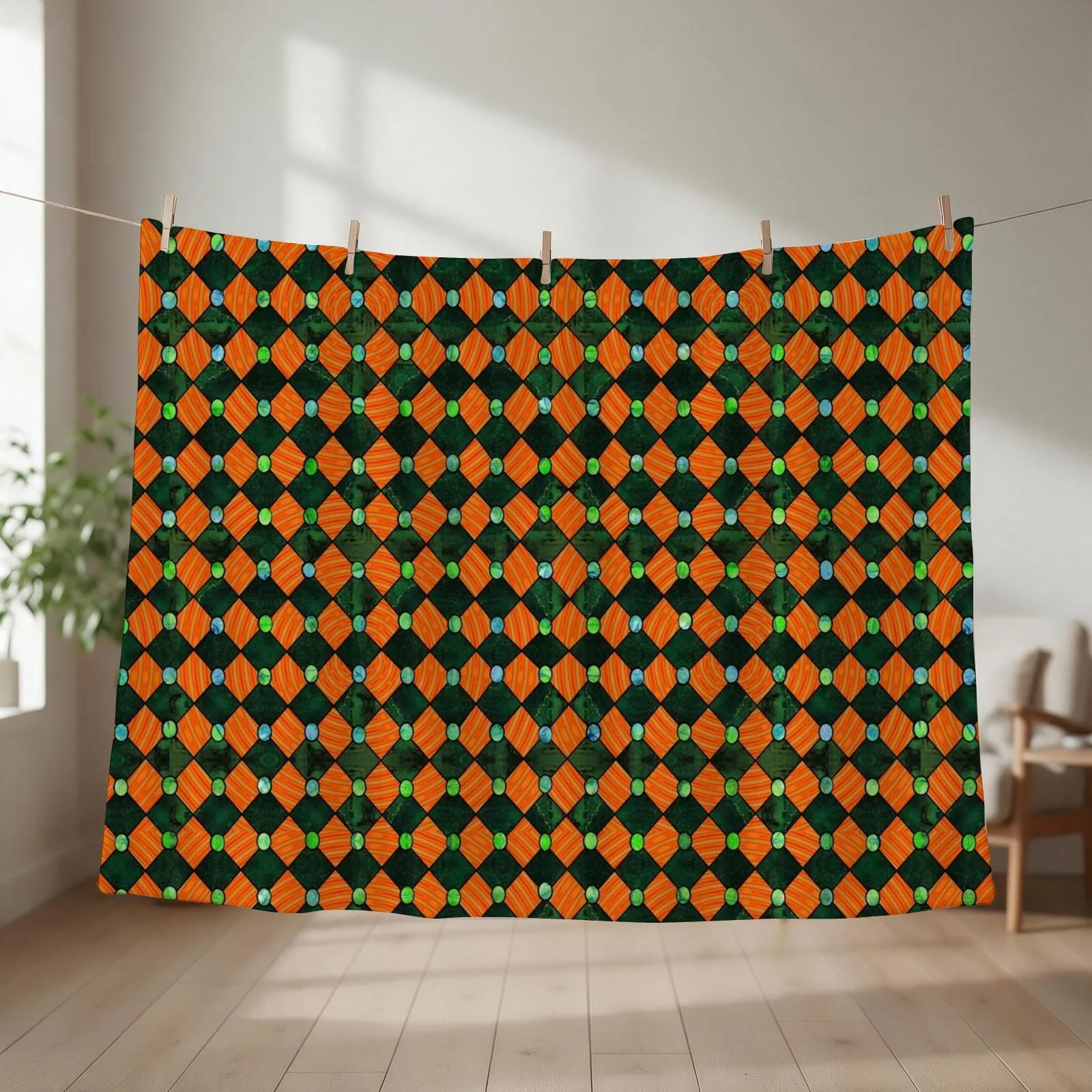 Harlequin in Orange and Green Throw Blanket couch cozy soft plush fuzzy picnic outdoor blanket