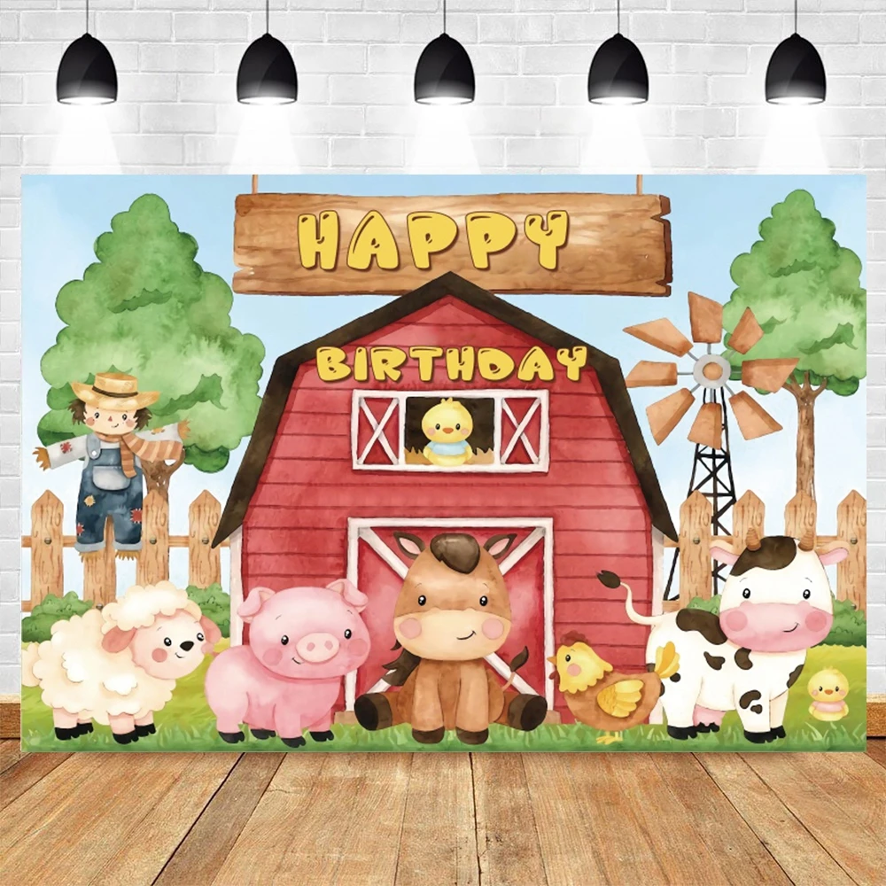 Cartoon Farm Red Barn Photo Background Rural Farm Animal Wooden Fence Baby Birthday Party Decor Photography Backdrop Props