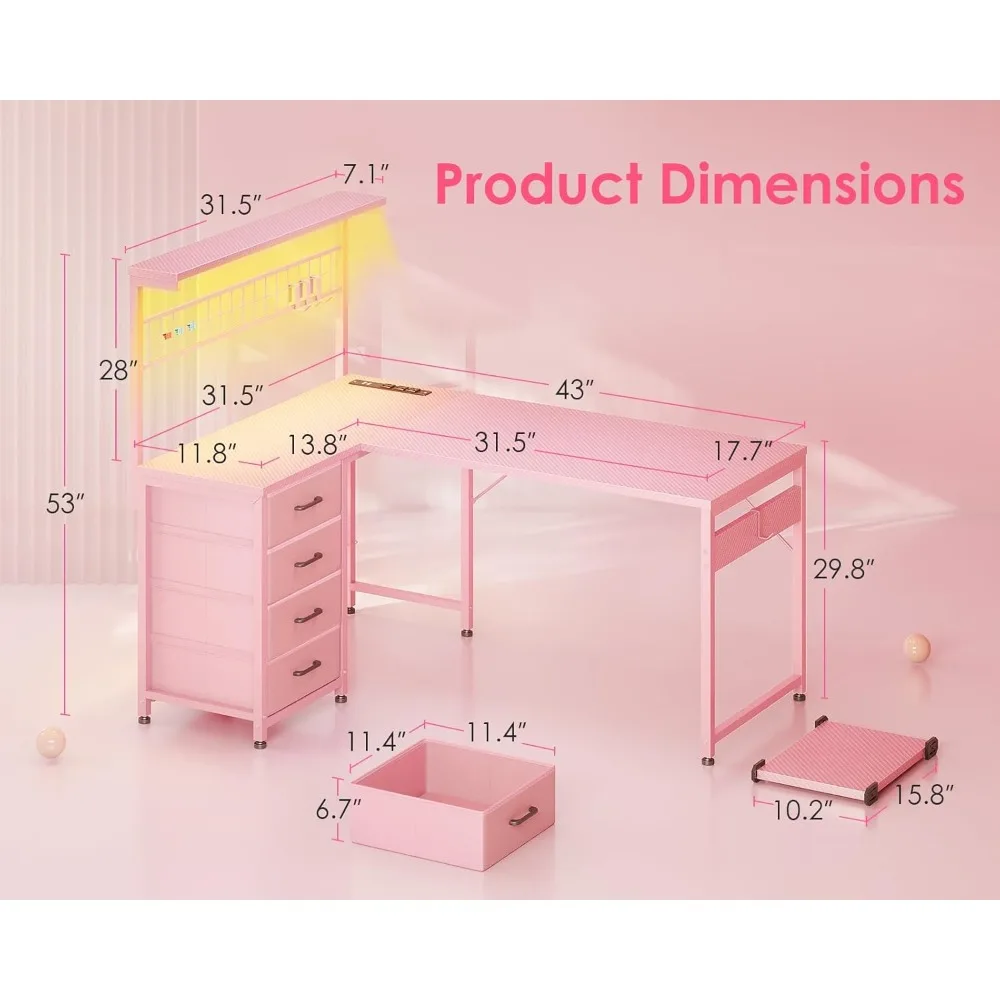 L Shaped Gaming Desk with Drawers & LED Light & Power Outlet, 43" Reversible Computer Table with Shelves & Hooks for Home Offic