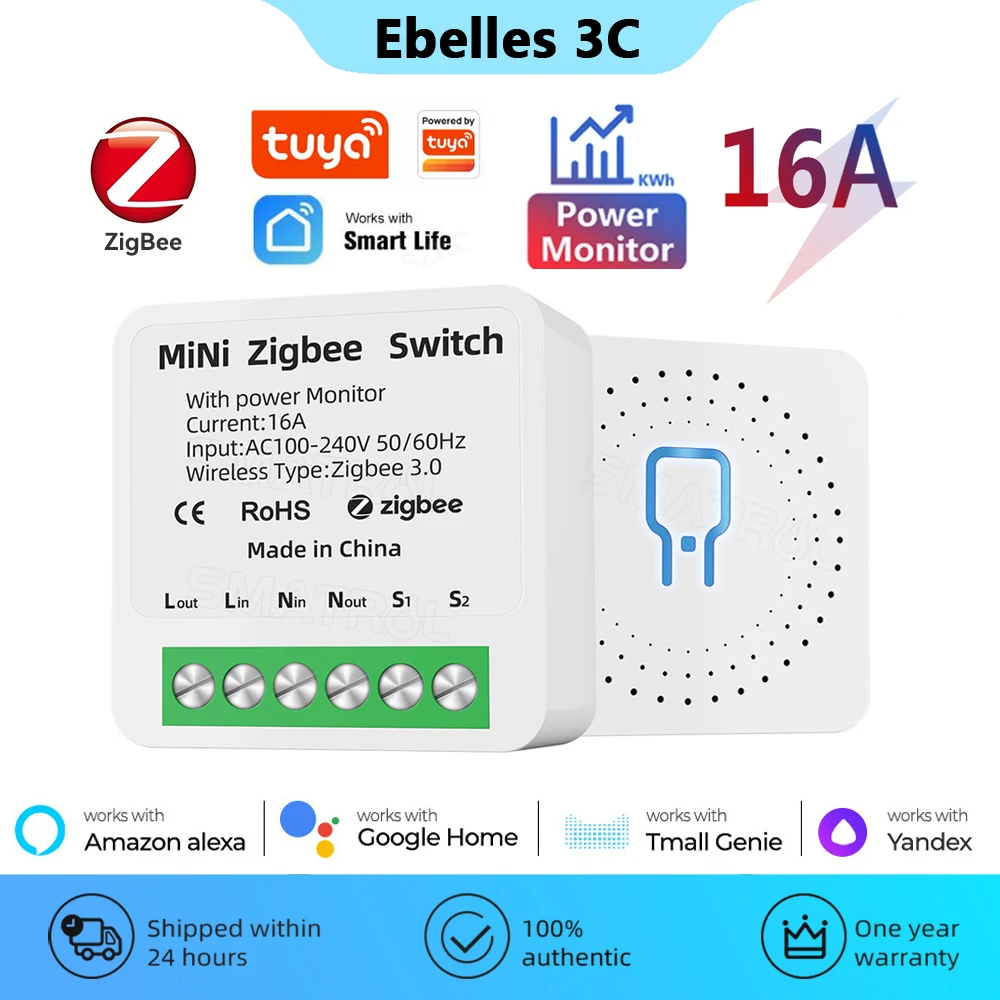 Tuya Zigbee Switch with Power Monitor Smart Home 16A DIY Breaker 2-way Control Relay Voice Work with Yandex Alice Alexa Google