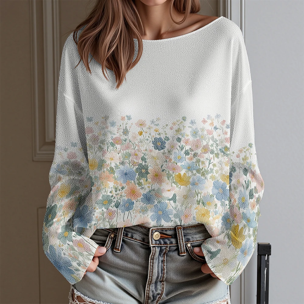 

Длинный свитер с цветочным узором в виде листьев, тропические растения и цветы, женский свитер с открытой ключицей, повседневный женский свитер