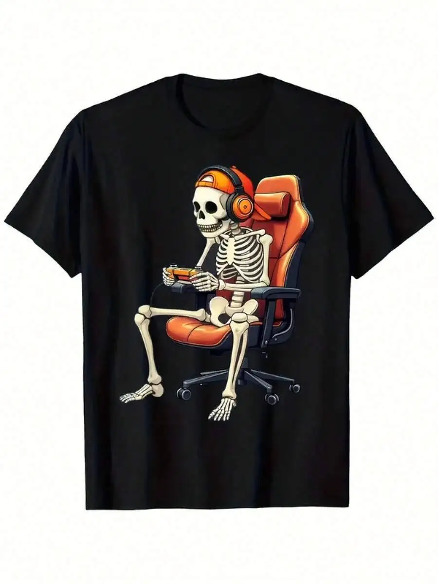 Retro Skull Gamer Halloween Funny T-Shirt Crew Neck Short Sleeve, Durab 100% Cotton Trendy Y2K Short-Sleeve Tee-Soft,