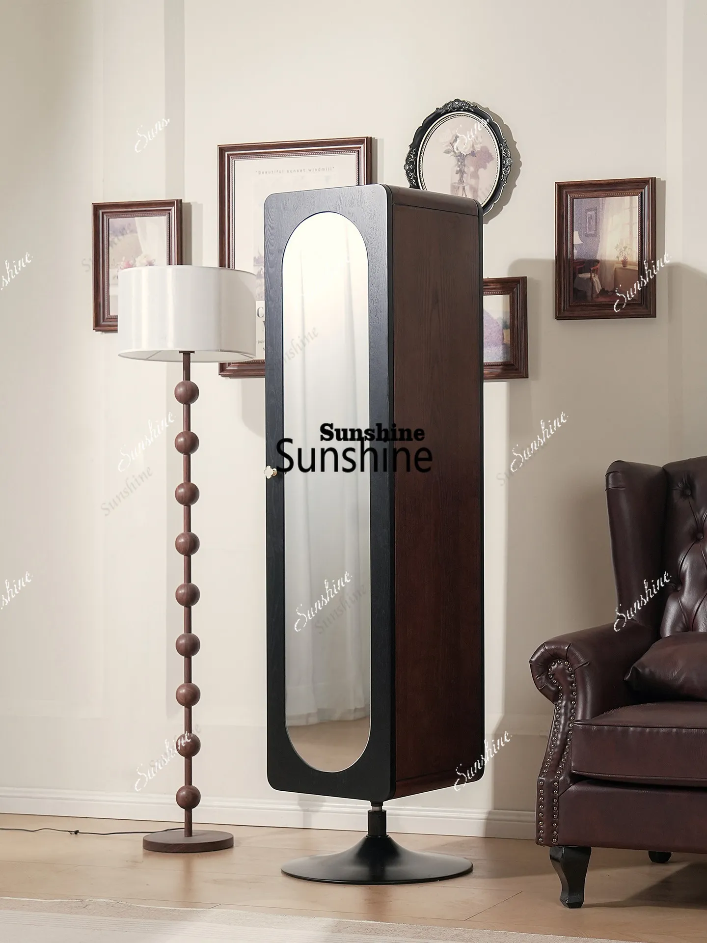 Retro multi-functional display cabinet full-body mirror solid wood rotatable floor full-length mirror