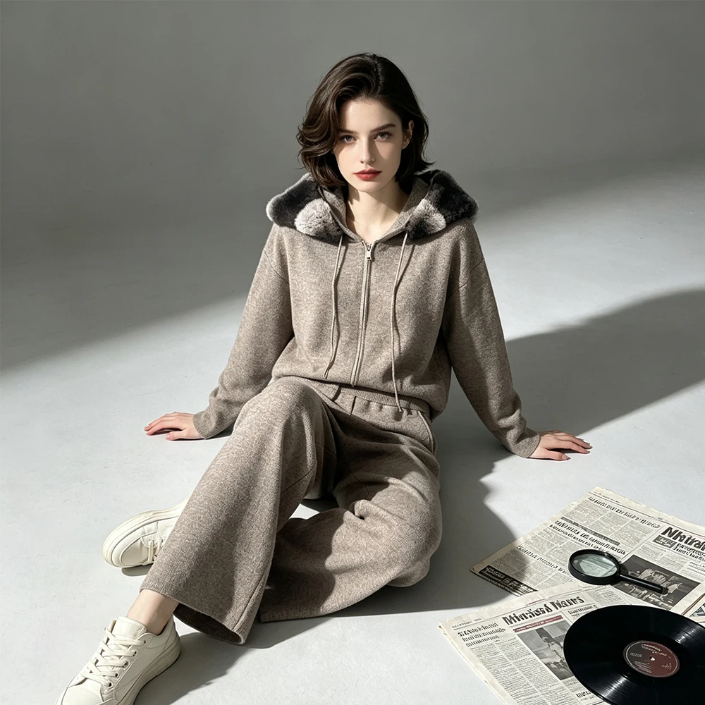 Jxwatcher Women's Sweater Sets with Real Rex Rabbit Fur Collar Zipper Wool Blend Knit Cardigan Straight-leg Pants Two Pieces Set