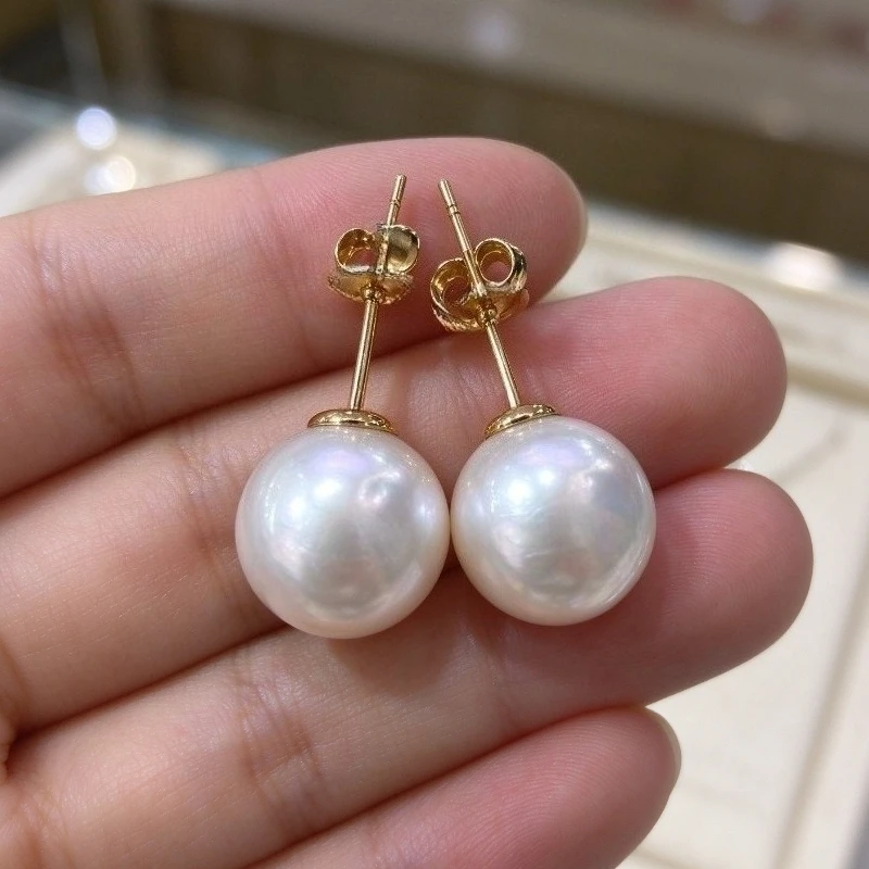 Classic 10-11mm White Pearl Stud Earrings, Smooth Surface with Natural Growth Lines, Women Jewelry Gift