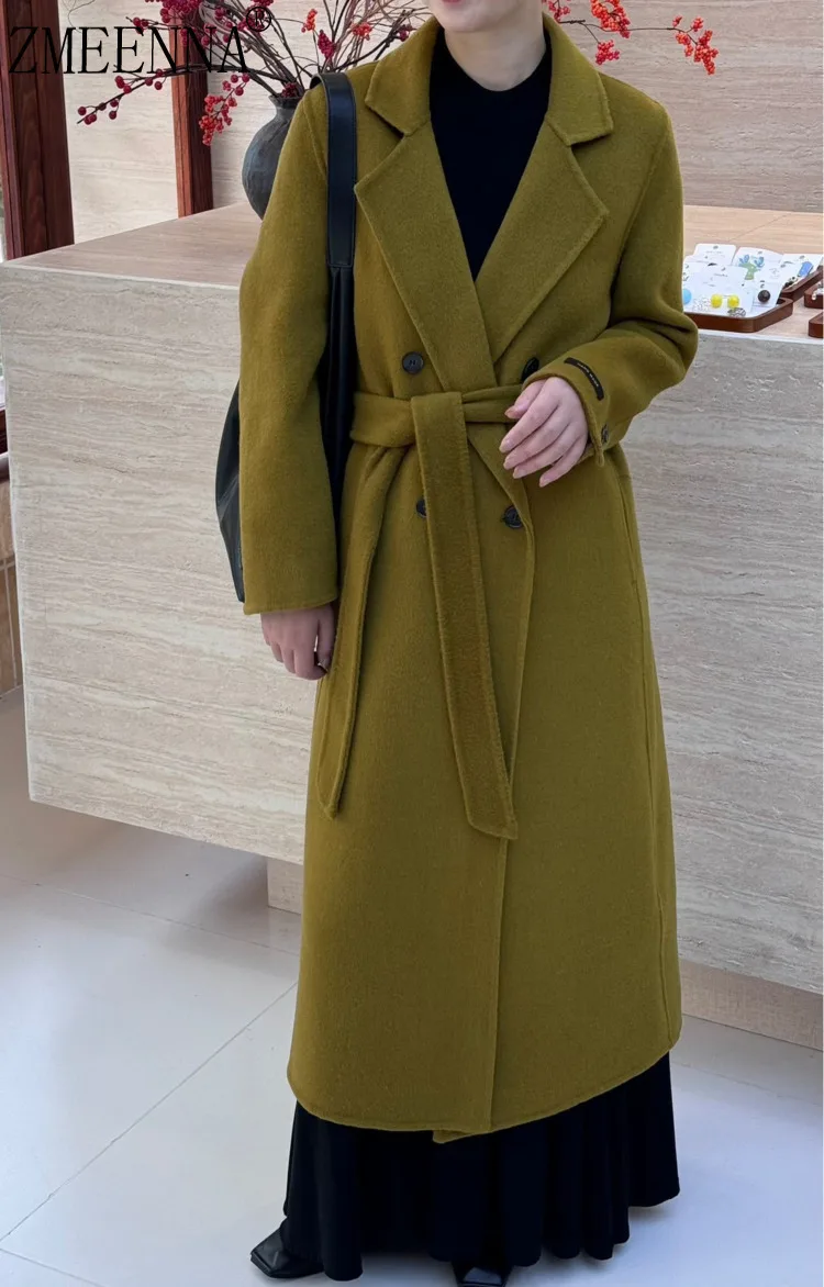 

ZMEENNA Notched Collar Long Sleeve Double Breasted Solid Color With Belt Wool Coats For Women 2025 Winter Fashion Female XF2224