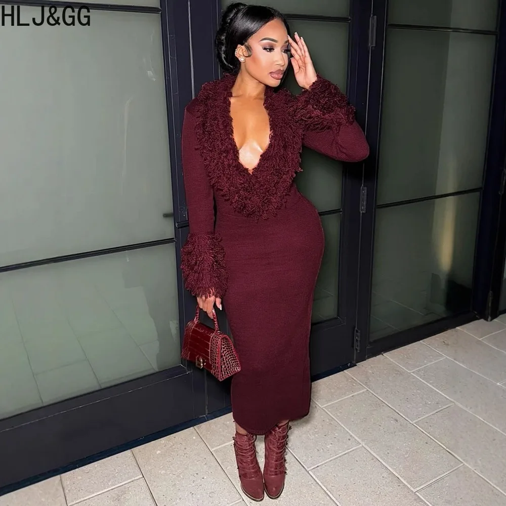 HLJ & GG النبيذ الأحمر مثير العميق الخامس محبوك شرابة Bodycon فستان طويل المرأة كم طويل سليم فيستدوس موضة فستان الصلبة الشارع الشهير