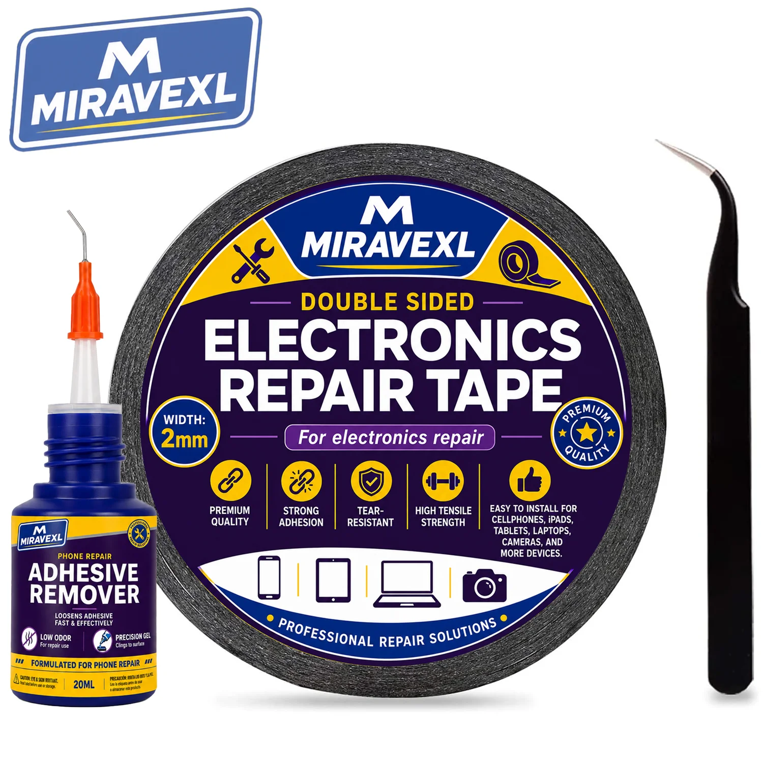 2mm Phone Screen Repair Tape Kit with Tweezers & 20ml Adhesive Remover for Cell Phones, iPads, Tablets, Laptops & Cameras