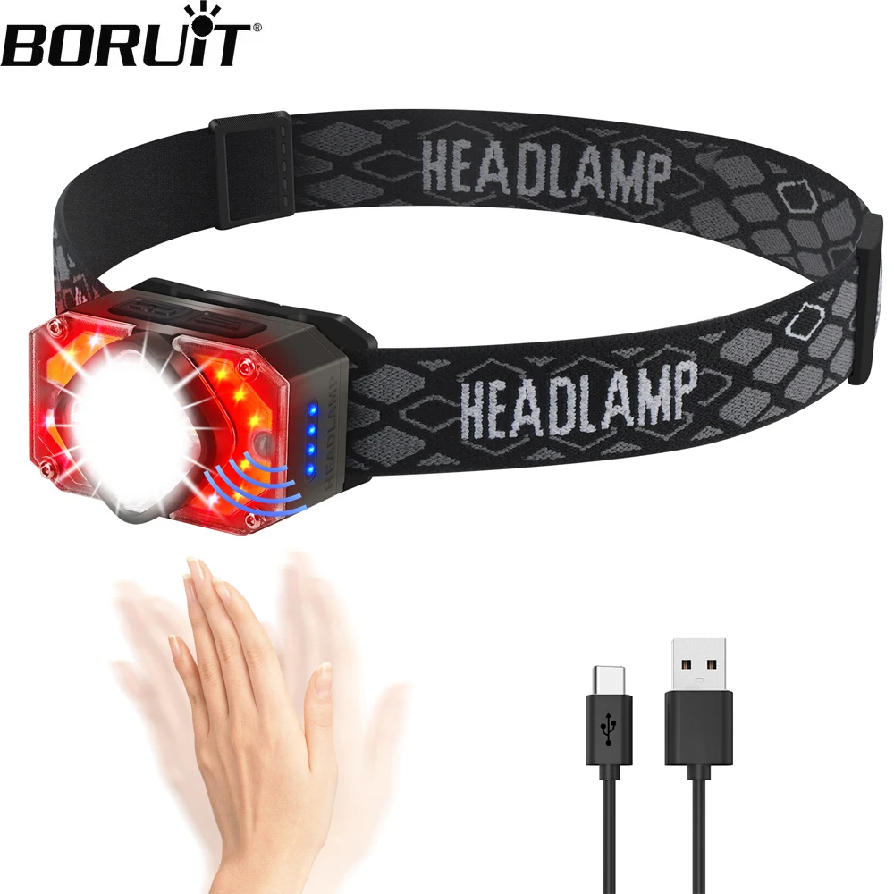 

BORUiT BR05 LED Sensor Headlamp 1000LM Super Bright Headlight USB Rechargeable Waterproof Head Lamp With Red, Warm-White Light