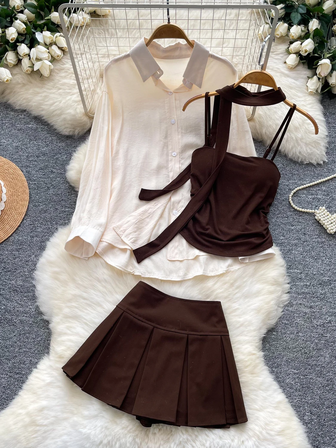 Business Commute Style Long Sleeve Shirt Strap Vest Skirt Set Women's Slimming Three-piece High Fashion Autumn Collection