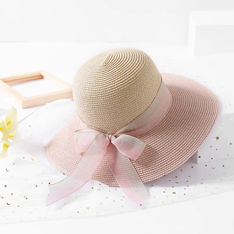 The New Color Patchwork Ribbon Straw Hat Female Summer Beach Holiday Beach Hat Travel Sun Protection Hat
