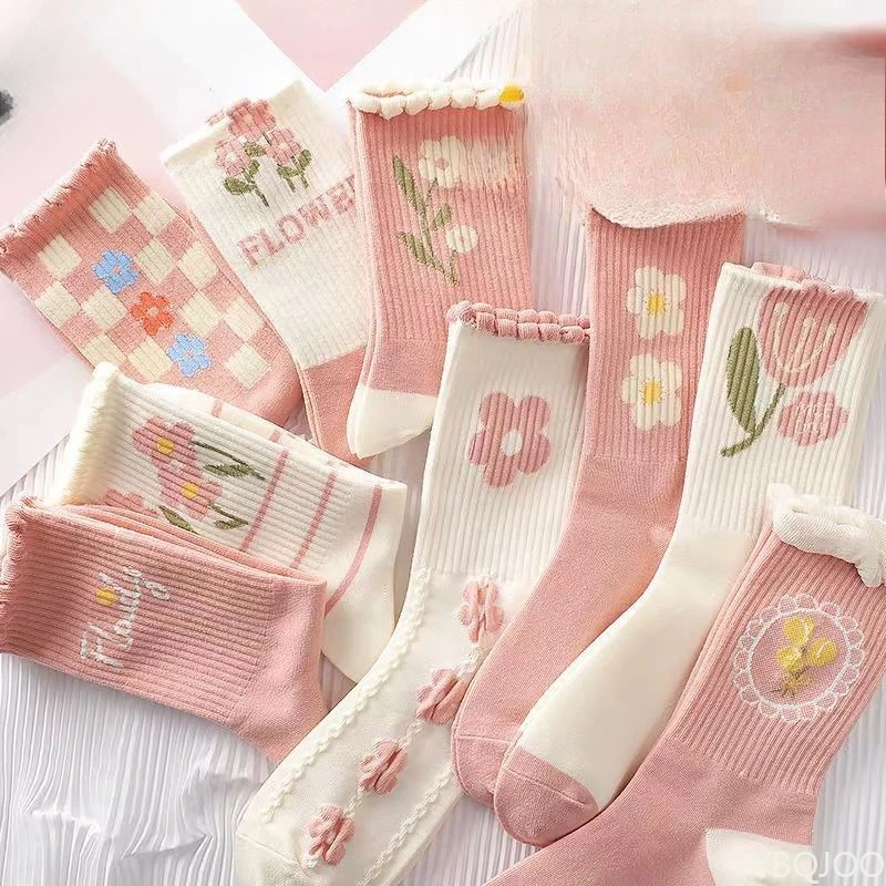 9 Pairs Floral Printed Women Mid Length Socks Fashionable versatile Ruffle Edges Sweet Comfortable  women Casual Socks