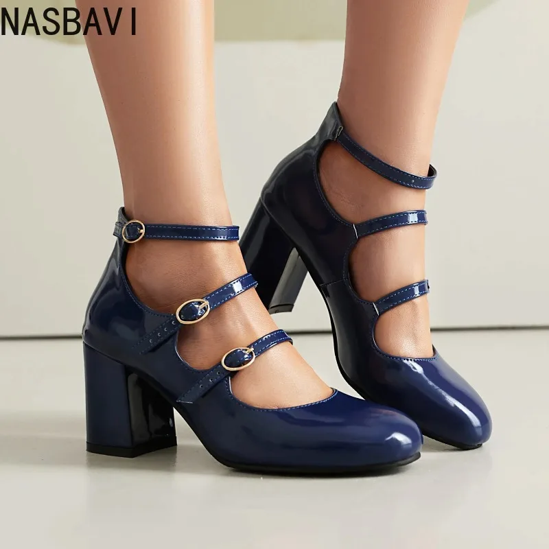 

NASBAVI Pu High Heels Square Heel MARY JANES Square Toe Casual 2026 High Quality Ladies Shoes Buckle Strap Solid Fashion Pumps