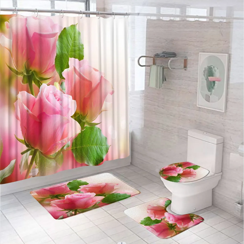 

4Pcs Pink Rose Fabric Shower Curtain Set with Hooks Non-Slip Rug Toilet Cover Bath Mat Flower Green Leaves Bathroom Decor Screen