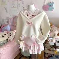 Sudaderas japonesas Kawaii para mujer, sudaderas con capucha informales con agradable arco y hombros descubiertos, Tops elegantes de diseño de Lolita, abrigo de retazos