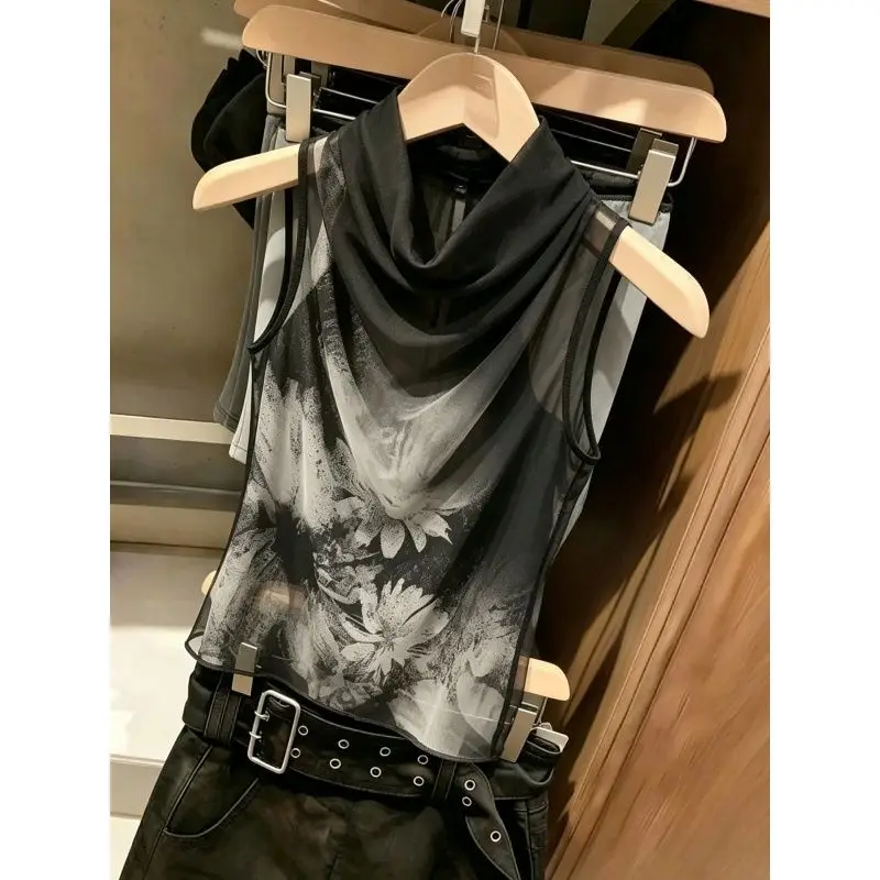 Elegant Water-Media Floral Print Sleeveless Stand Collar Women's Top Vintage Design Commute Friendly Versatile Ethnic Style