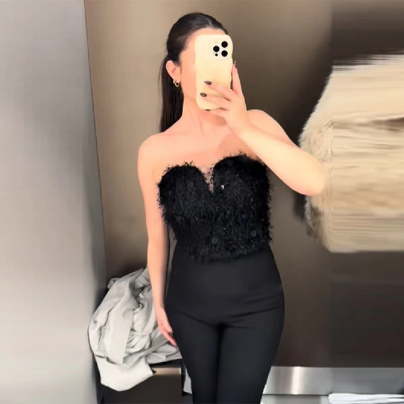 

Sexy Chic Corset Tassel Fur Designer Stylish Spicy Women's Tops Hot Sleeveless Strapless Summer Party Female Elegant Streetwear