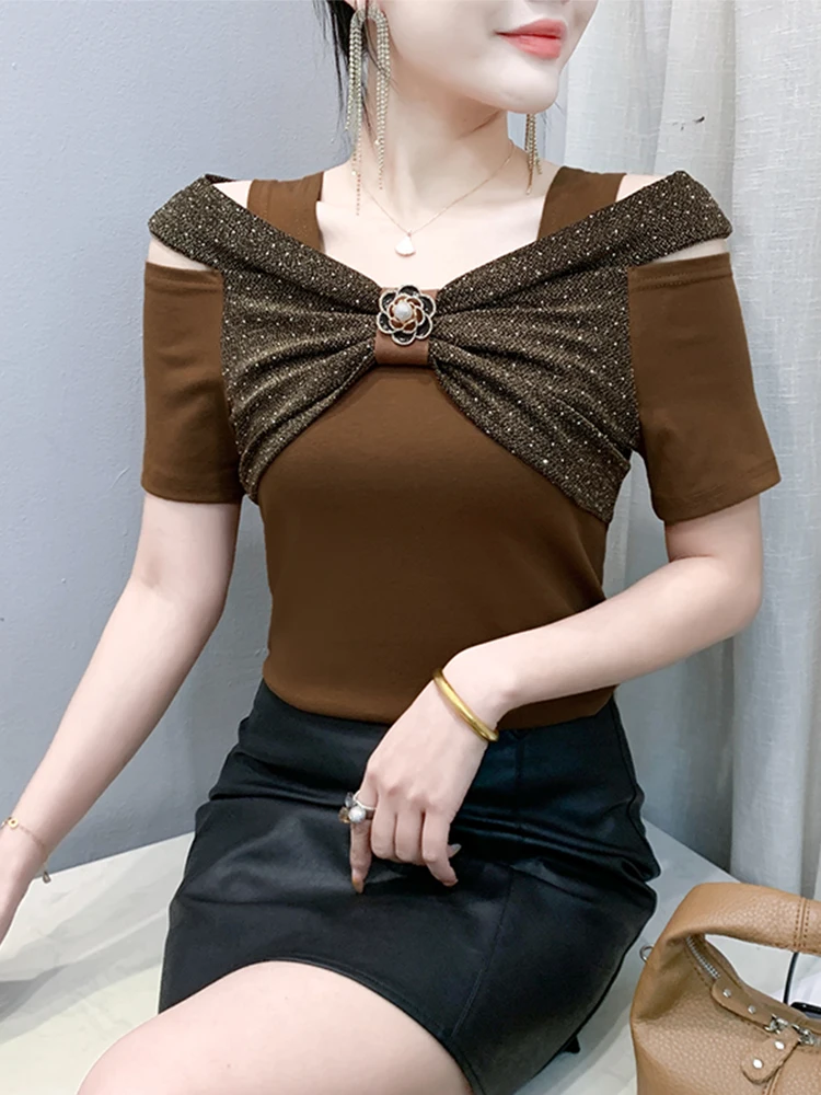 Faionable Damen Sexy Oulder Bared Ort Sve T-Shirt Slim Fit f Sve Sommer New Sle Diamond Embellied Top