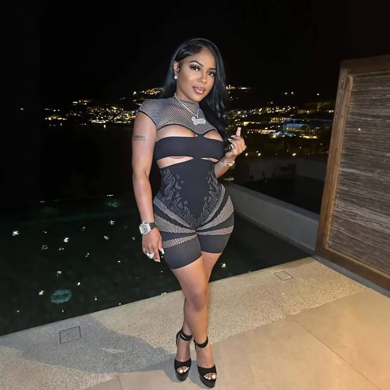 

Hollow Out Mesh Patchwork Jacquard Knit Playsuits Women Sexy Diamonds Short Sleeve Skinny Night Clubwear Rompers Streetwear