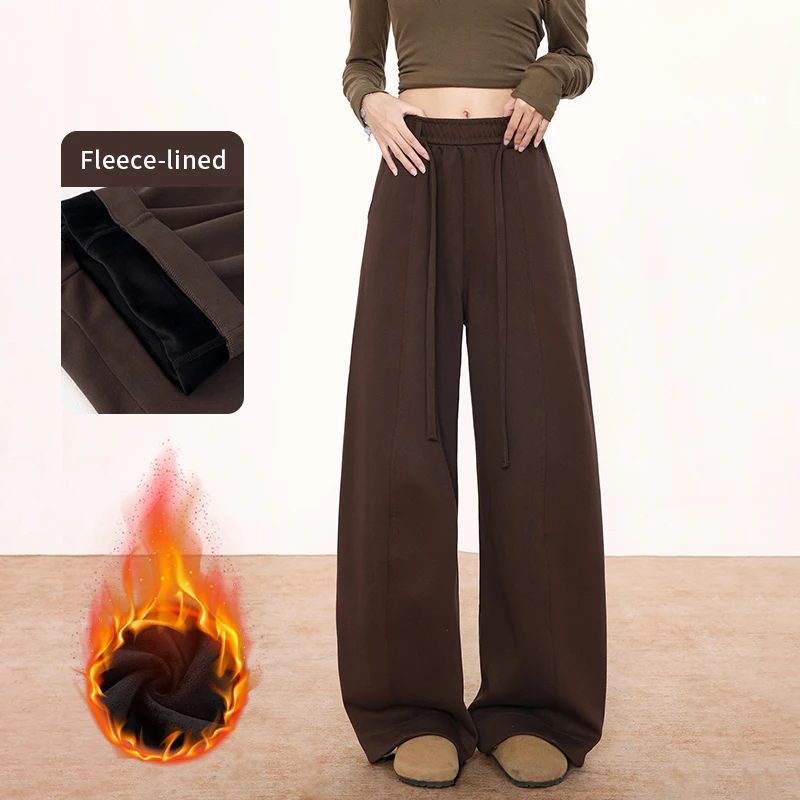 Fleece-Lined Elastic Waist Wide Leg pants Autumn Winter Warm Thickened Cotton Sweatpants American retro High Waist Trousers