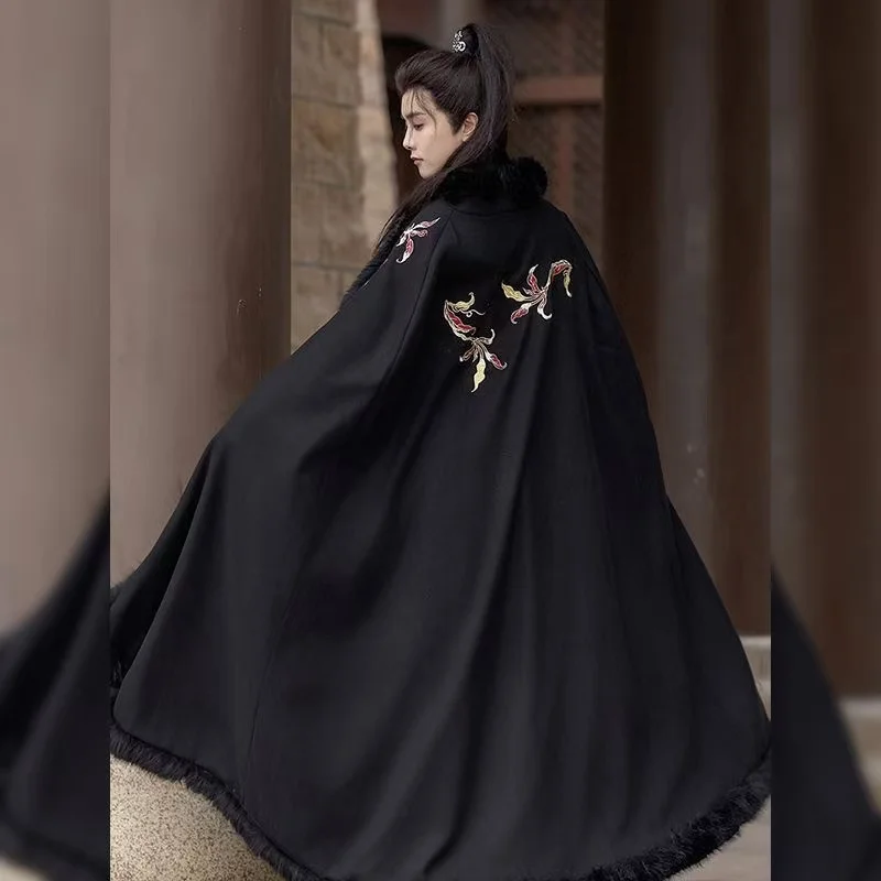 Original Men's Cloak Begonia Flower Embroidery Plush Collar Long Outer Robe Stylish Cool Swordsman Cape Thicken - Image 2