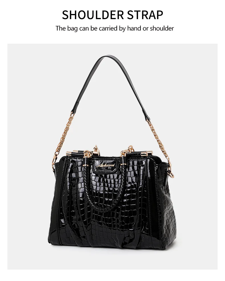 Aidrani Neue Glänzende Kroko-Muster Lackleder Handtasche für Damen mit Geflochtenem Griff und Metallkette, Crossbody Alltagstasche – Detail 5