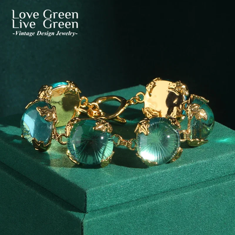 

Vintage Round Transparent Cat Eye Blue Glass Charm Bracelets for Girls Gold Color Leaf Antique Jewelry New Item 2025 Trending