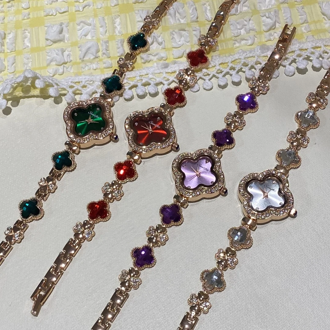 Reloj de pulsera de trébol para Mujer con incrustaciones de cuarzo y diamantes Reloj de pulsera de lujo a la moda para Mujer Reloj para Mujer