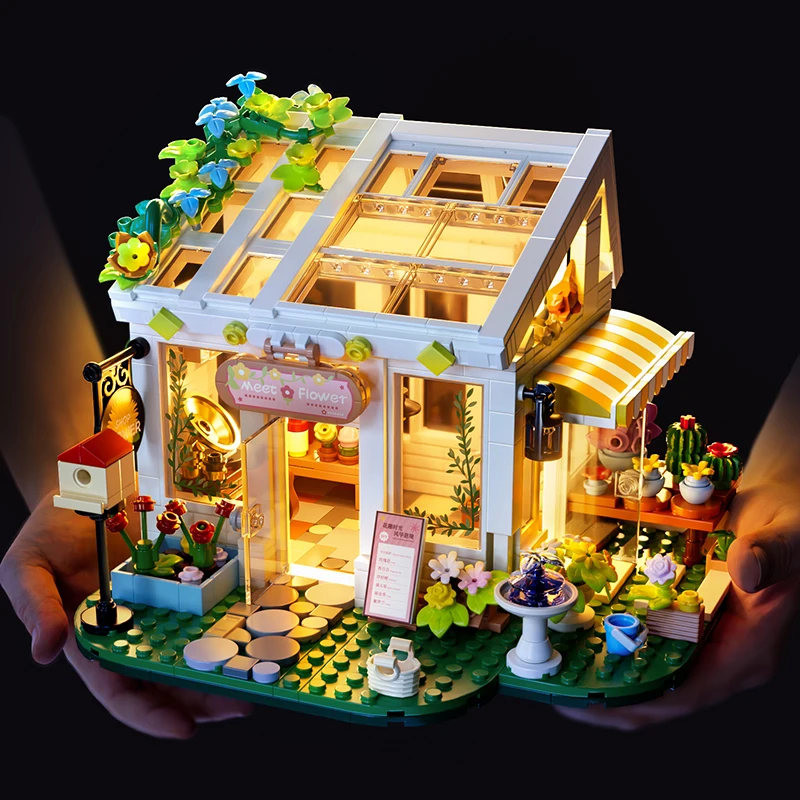 KAVO Newest Flower shop house Building Blocks with light diy Creative Civy View Greenhouse Building Bricks Toys For Kids Gifts