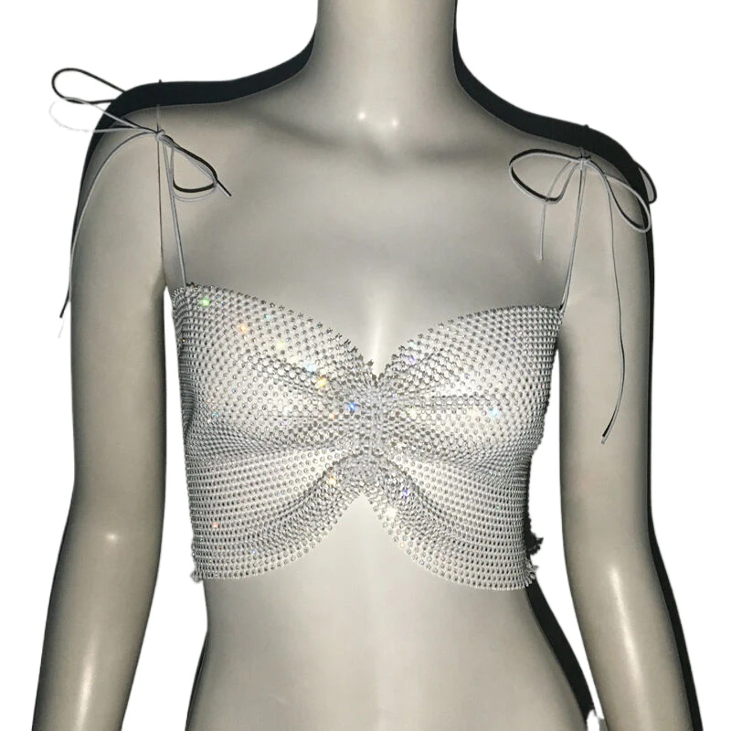 Shiny Crystal Fishnet Rhinestone Cami Top Women Tie‑Up Spaghetti Strap Ruched Hollow Crop Top Night Club Rave Going‑Out Tops – Detail 10