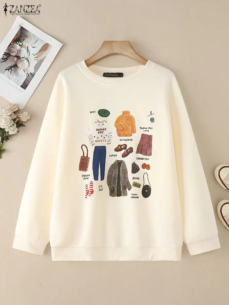 

2026, весенние модные пуловеры, кофты, женские повседневные пуловеры с круглым вырезом и длинными рукавами с мультяшным принтом, ZANZEA, женская одежда 3XL