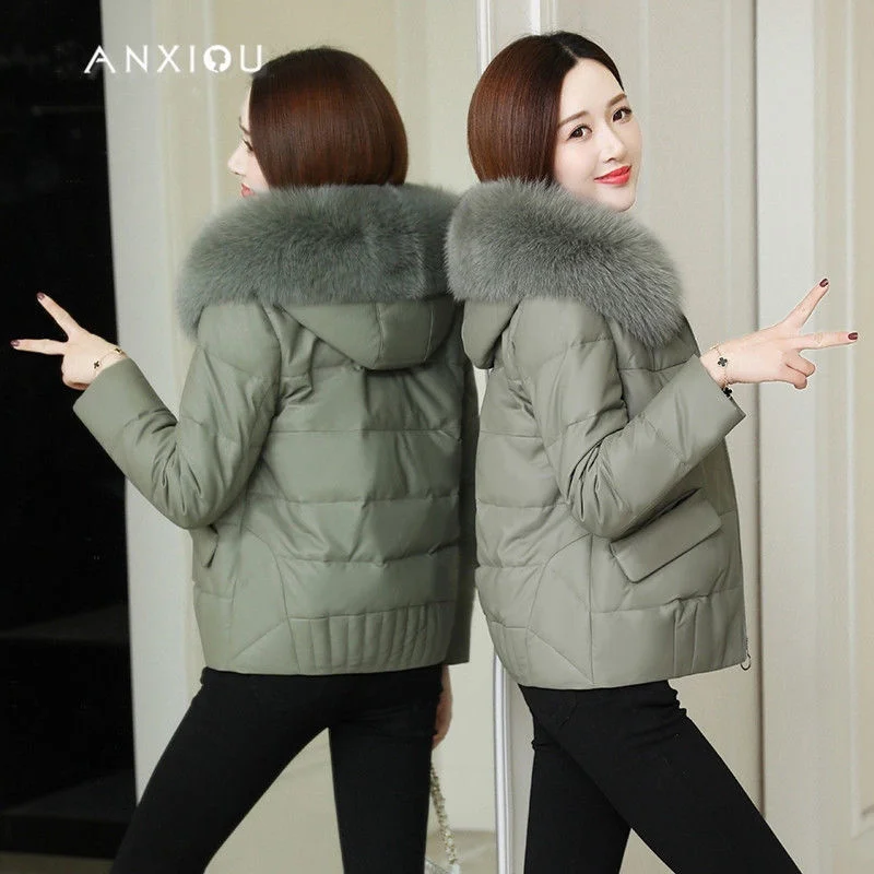 New Autumn And Winter Women's Short PU Leather Fur Imitation Fox Fur Collar Loose Down Cotton Padded Coat Female PU Leather Jack